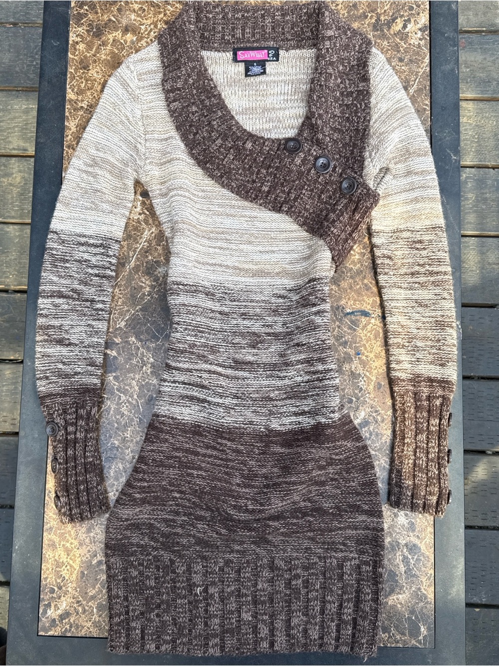 Y2K say what? Brown & Cream Ombre Shawl-Collar Sweater Dress